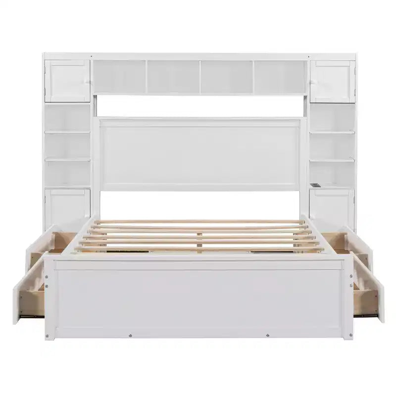 Letto a Piattaforma Queen Size con Armadio Tutto-in-Uno e Ripiano Portaoggetti, Struttura Letto Queen in Legno con 4 Cassetti e Prese