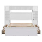 Letto a Piattaforma Queen Size con Armadio Tutto-in-Uno e Ripiano Portaoggetti, Struttura Letto Queen in Legno con 4 Cassetti e Prese