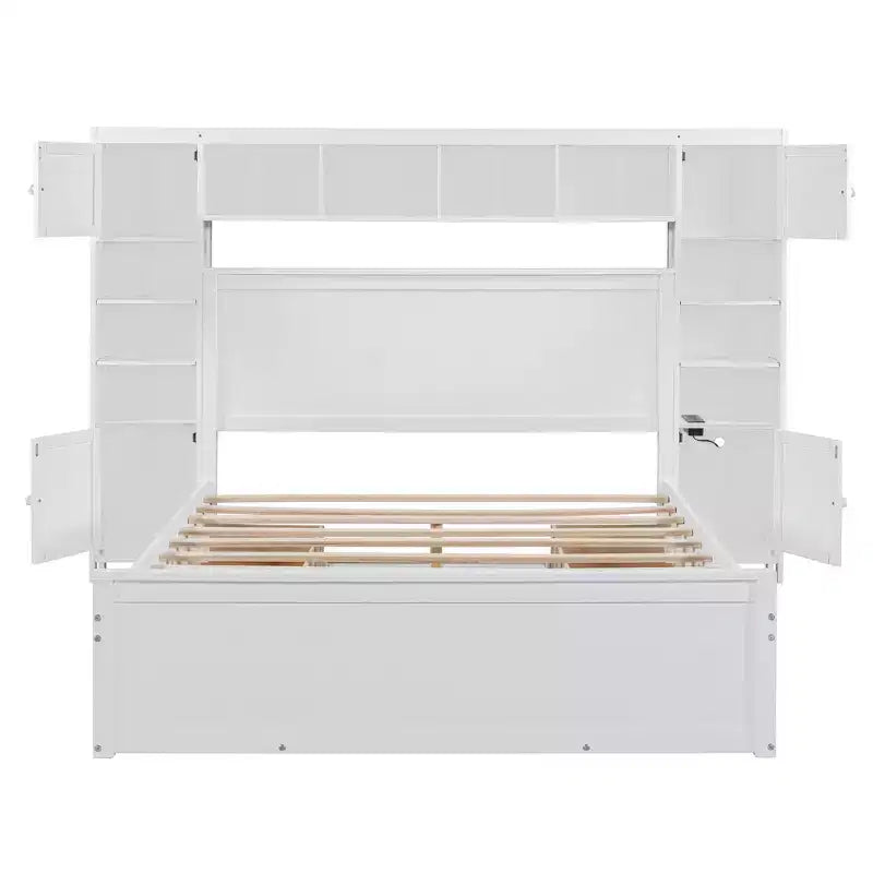 Letto a Piattaforma Queen Size con Armadio Tutto-in-Uno e Ripiano Portaoggetti, Struttura Letto Queen in Legno con 4 Cassetti e Prese