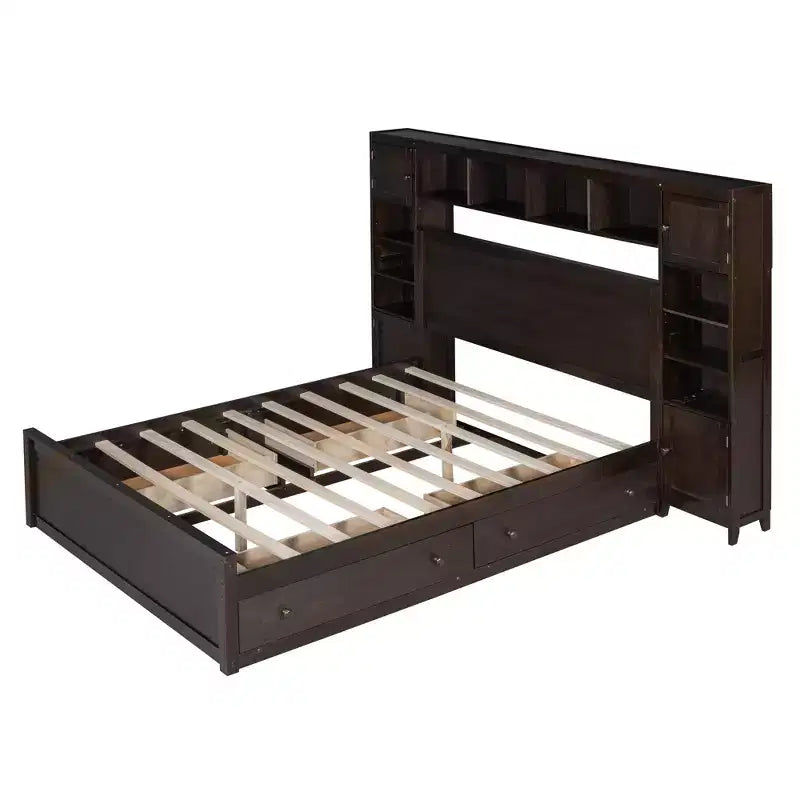Letto a Piattaforma Queen Size con Armadio Tutto-in-Uno e Ripiano Portaoggetti, Struttura Letto Queen in Legno con 4 Cassetti e Prese