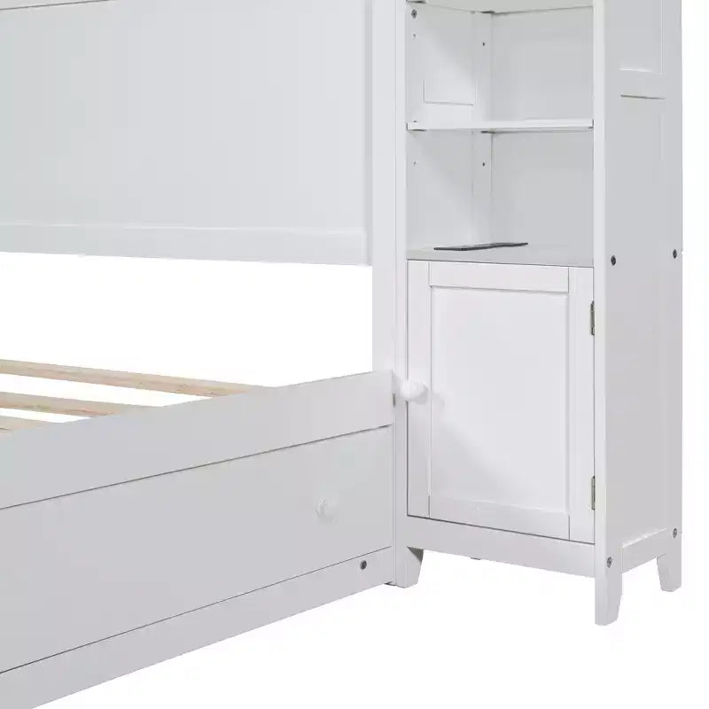 Letto a Piattaforma Queen Size con Armadio Tutto-in-Uno e Ripiano Portaoggetti, Struttura Letto Queen in Legno con 4 Cassetti e Prese