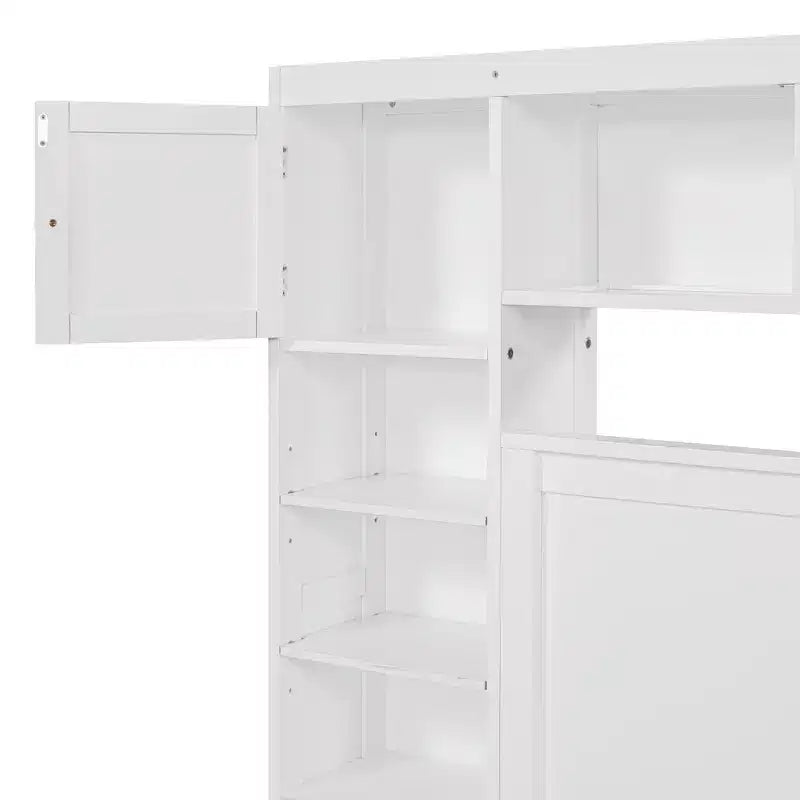 Letto a Piattaforma Queen Size con Armadio Tutto-in-Uno e Ripiano Portaoggetti, Struttura Letto Queen in Legno con 4 Cassetti e Prese