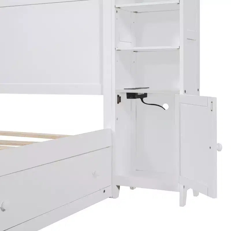 Letto a Piattaforma Queen Size con Armadio Tutto-in-Uno e Ripiano Portaoggetti, Struttura Letto Queen in Legno con 4 Cassetti e Prese