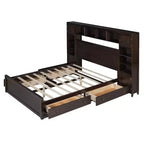 Letto a Piattaforma Queen Size con Armadio Tutto-in-Uno e Ripiano Portaoggetti, Struttura Letto Queen in Legno con 4 Cassetti e Prese