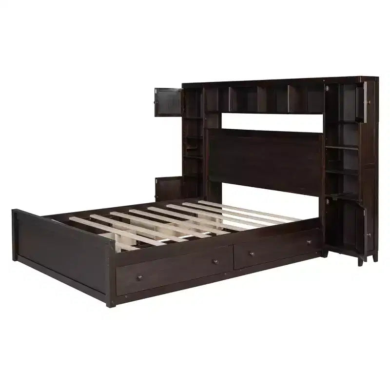 Letto a Piattaforma Queen Size con Armadio Tutto-in-Uno e Ripiano Portaoggetti, Struttura Letto Queen in Legno con 4 Cassetti e Prese