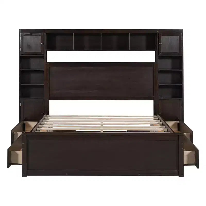 Letto a Piattaforma Queen Size con Armadio Tutto-in-Uno e Ripiano Portaoggetti, Struttura Letto Queen in Legno con 4 Cassetti e Prese