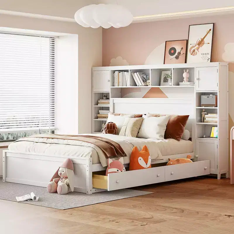 Letto a Piattaforma Queen Size con Armadio Tutto-in-Uno e Ripiano Portaoggetti, Struttura Letto Queen in Legno con 4 Cassetti e Prese