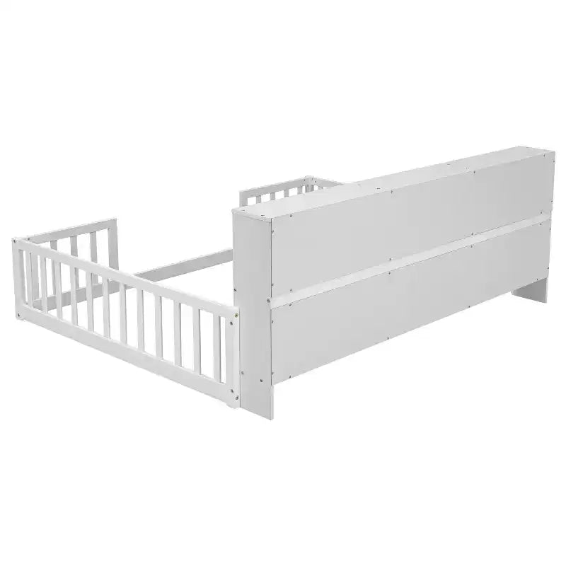 Bellemave Letto a pavimento completo con libreria laterale e ripiani, struttura del letto a pavimento in pino con sponde di protezione per bambini, bianco