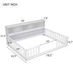 Bellemave Letto a pavimento completo con libreria laterale e ripiani, struttura del letto a pavimento in pino con sponde di protezione per bambini, bianco