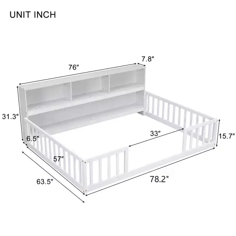 Bellemave Letto a pavimento completo con libreria laterale e ripiani, struttura del letto a pavimento in pino con sponde di protezione per bambini, bianco