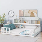 Bellemave Letto a pavimento completo con libreria laterale e ripiani, struttura del letto a pavimento in pino con sponde di protezione per bambini, bianco