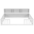 Bellemave Letto a pavimento completo con libreria laterale e ripiani, struttura del letto a pavimento in pino con sponde di protezione per bambini, bianco