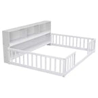 Bellemave Letto a pavimento completo con libreria laterale e ripiani, struttura del letto a pavimento in pino con sponde di protezione per bambini, bianco