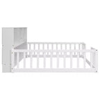 Bellemave Letto a pavimento completo con libreria laterale e ripiani, struttura del letto a pavimento in pino con sponde di protezione per bambini, bianco