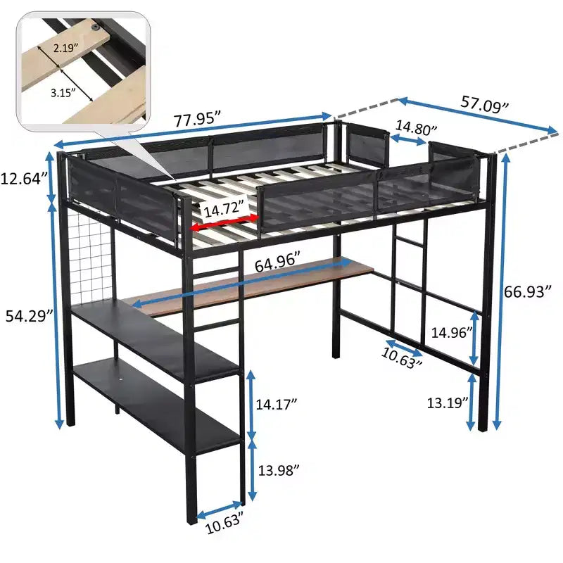 Bellemave Letto a soppalco in metallo di dimensioni complete con scrivania / Robusta struttura letto in metallo / Doghe in legno senza rumore / Ringhiera in Textilene confortevole Adatto per adolescenti