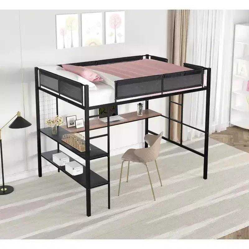 Bellemave Letto a soppalco in metallo di dimensioni complete con scrivania / Robusta struttura letto in metallo / Doghe in legno senza rumore / Ringhiera in Textilene confortevole Adatto per adolescenti
