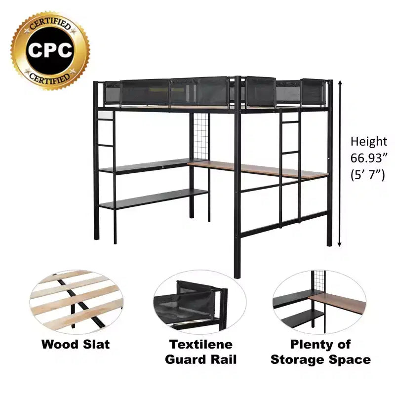 Bellemave Letto a soppalco in metallo di dimensioni complete con scrivania / Robusta struttura letto in metallo / Doghe in legno senza rumore / Ringhiera in Textilene confortevole Adatto per adolescenti