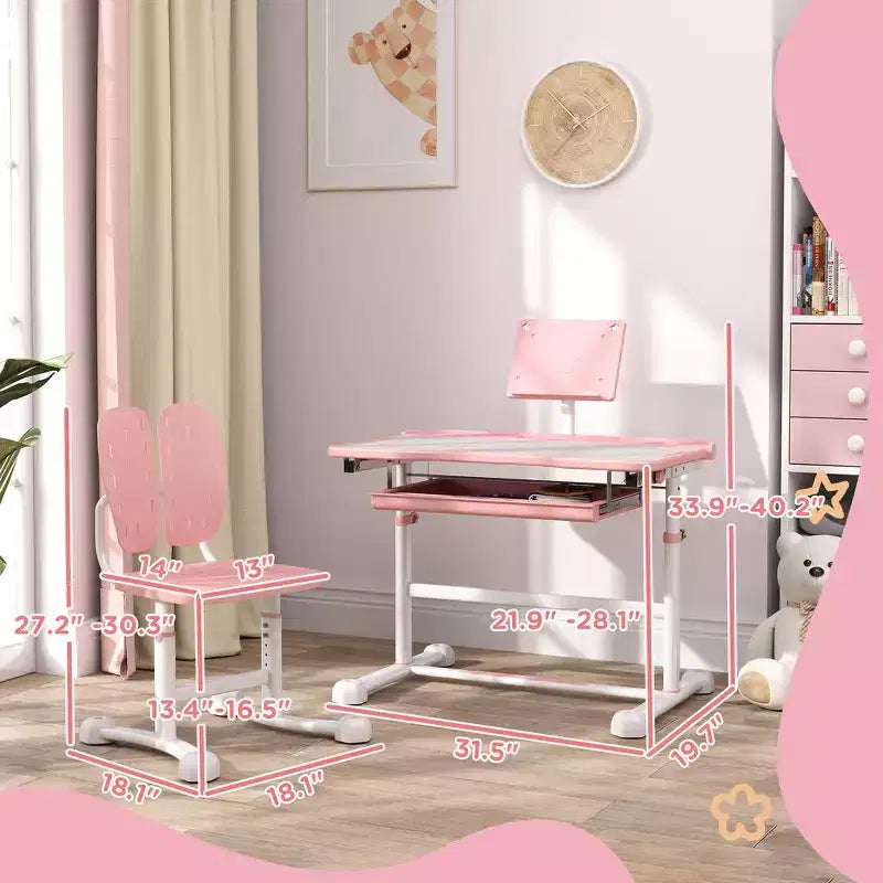 Set Scrivania e Sedia Ergonomiche per Bambini Whisen, Tavolo da Studio Regolabile in Altezza con Piano Inclinabile, Cassetto - Rosa