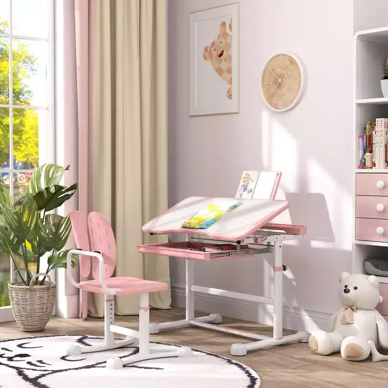 Set Scrivania e Sedia Ergonomiche per Bambini Whisen, Tavolo da Studio Regolabile in Altezza con Piano Inclinabile, Cassetto - Rosa