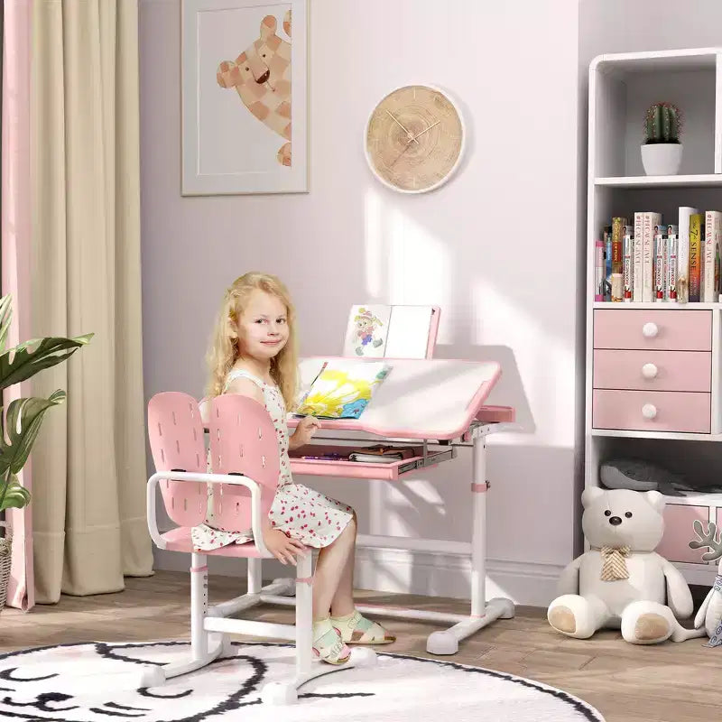Set Scrivania e Sedia Ergonomiche per Bambini Whisen, Tavolo da Studio Regolabile in Altezza con Piano Inclinabile, Cassetto - Rosa