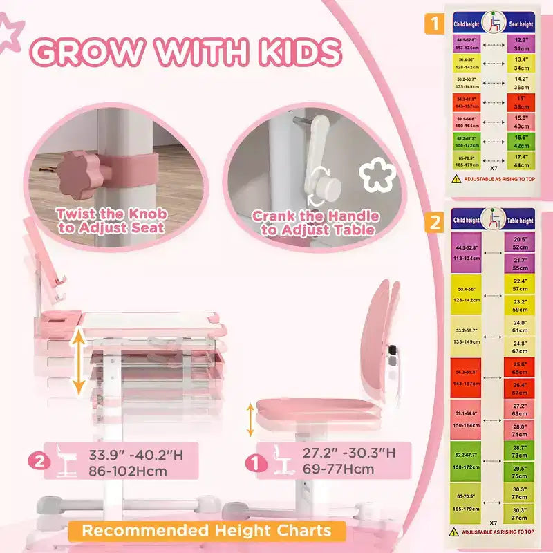 Set Scrivania e Sedia Ergonomiche per Bambini Whisen, Tavolo da Studio Regolabile in Altezza con Piano Inclinabile, Cassetto - Rosa