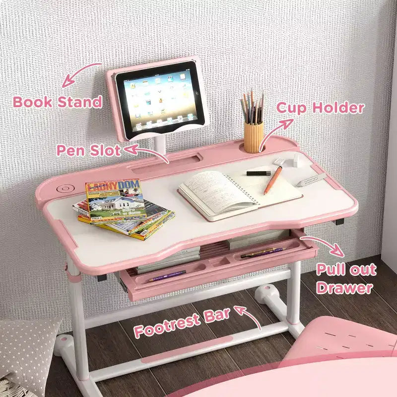 Set Scrivania e Sedia Ergonomiche per Bambini Whisen, Tavolo da Studio Regolabile in Altezza con Piano Inclinabile, Cassetto - Rosa