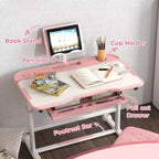 Set Scrivania e Sedia Ergonomiche per Bambini Whisen, Tavolo da Studio Regolabile in Altezza con Piano Inclinabile, Cassetto - Rosa