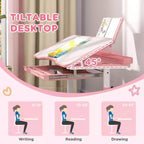 Set Scrivania e Sedia Ergonomiche per Bambini Whisen, Tavolo da Studio Regolabile in Altezza con Piano Inclinabile, Cassetto - Rosa