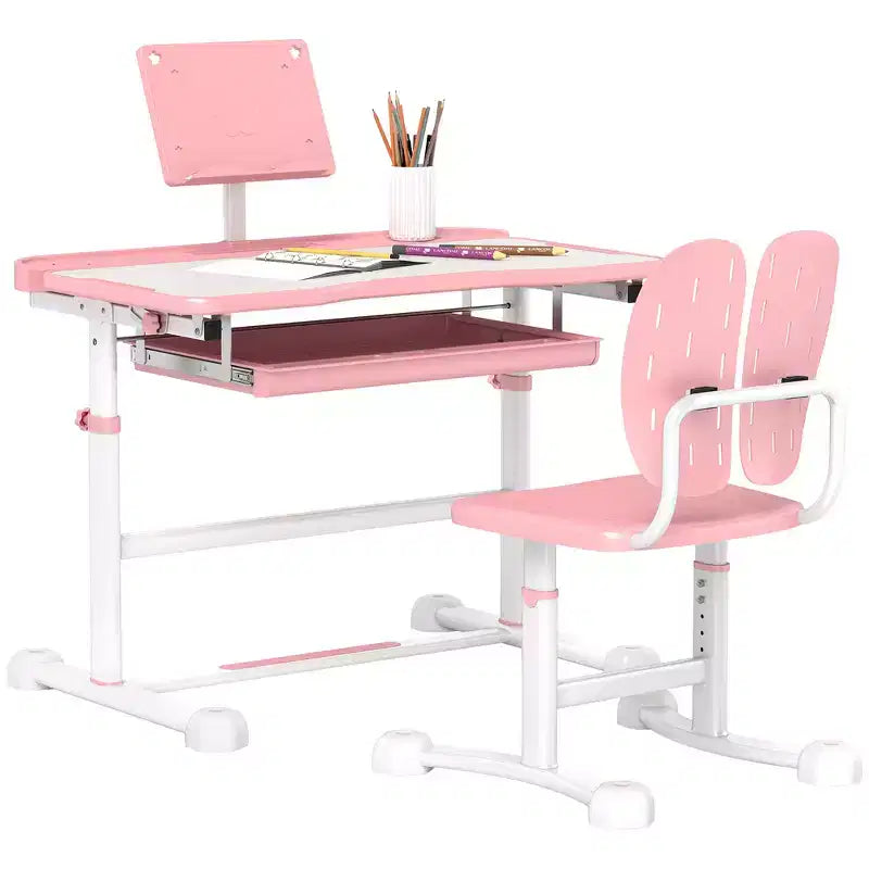 Set Scrivania e Sedia Ergonomiche per Bambini Whisen, Tavolo da Studio Regolabile in Altezza con Piano Inclinabile, Cassetto - Rosa