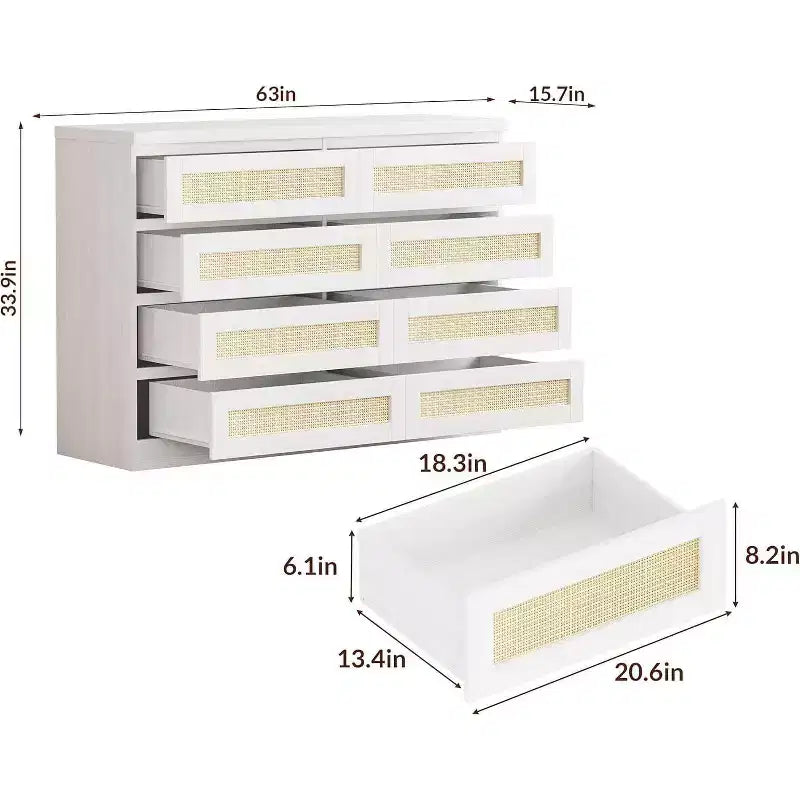 Modernissimo guardaroba in legno a 8 cassetti con inserti in rattan Adatto per cabine armadio, camerette per bambini, salotti e ingressi Comodino in legno di grandi dimensioni