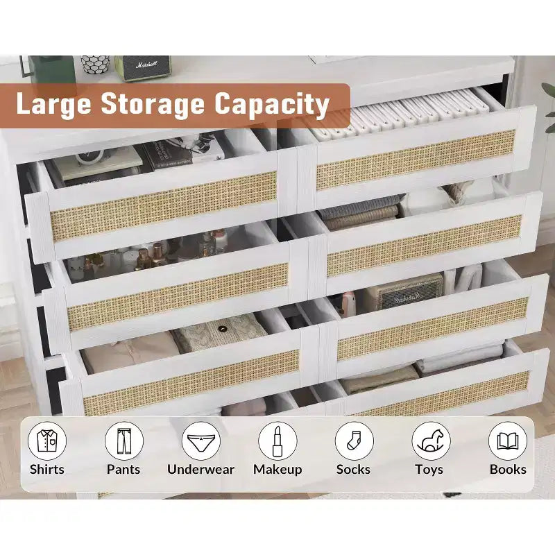 Modernissimo guardaroba in legno a 8 cassetti con inserti in rattan Adatto per cabine armadio, camerette per bambini, salotti e ingressi Comodino in legno di grandi dimensioni