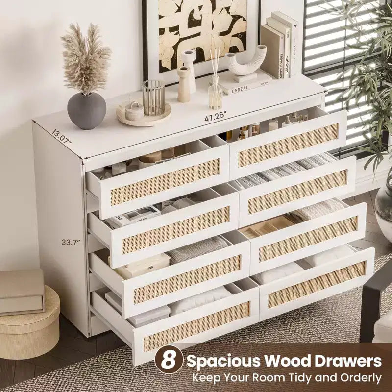 Modernissimo guardaroba in legno a 8 cassetti con inserti in rattan Adatto per cabine armadio, camerette per bambini, salotti e ingressi Comodino in legno di grandi dimensioni
