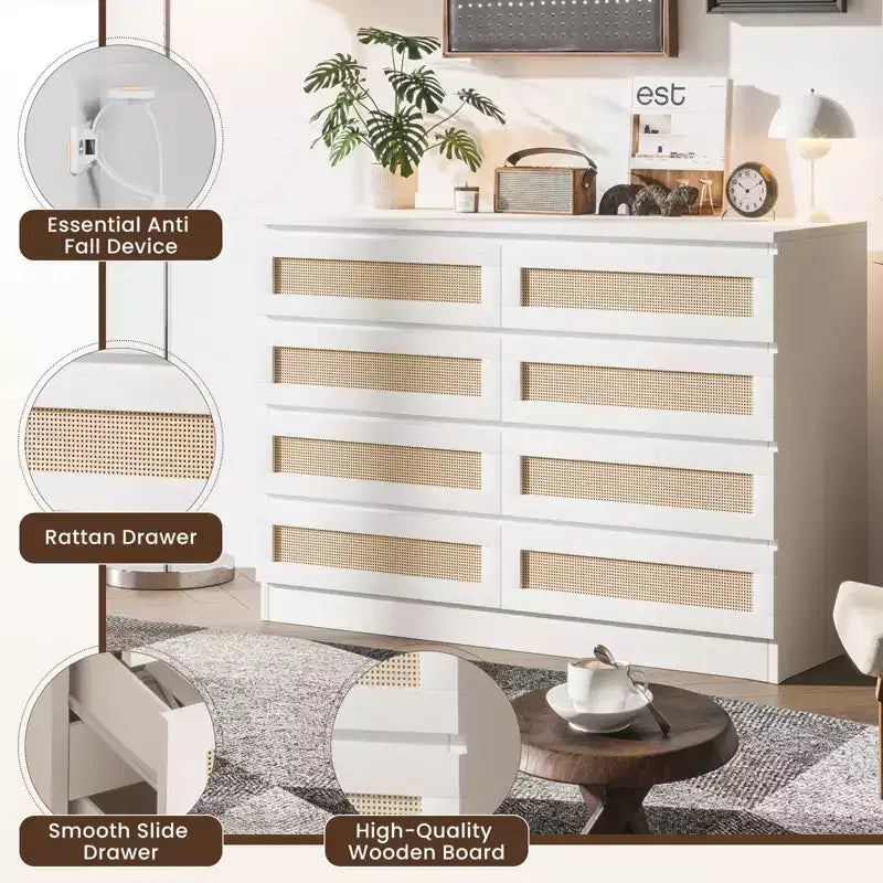 Modernissimo guardaroba in legno a 8 cassetti con inserti in rattan Adatto per cabine armadio, camerette per bambini, salotti e ingressi Comodino in legno di grandi dimensioni