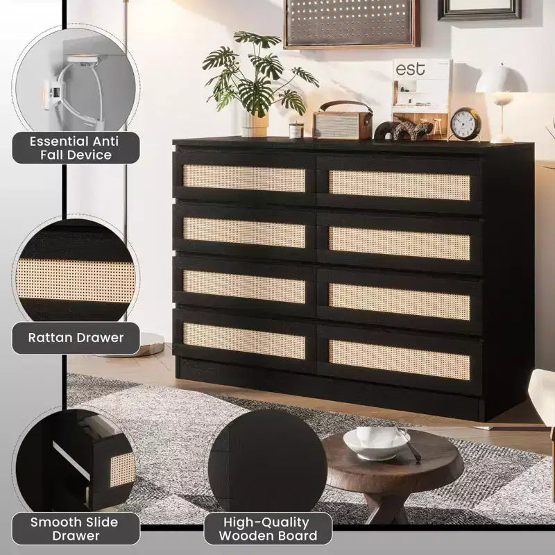 Modernissimo guardaroba in legno a 8 cassetti con inserti in rattan Adatto per cabine armadio, camerette per bambini, salotti e ingressi Comodino in legno di grandi dimensioni