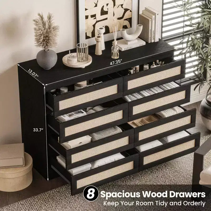 Modernissimo guardaroba in legno a 8 cassetti con inserti in rattan Adatto per cabine armadio, camerette per bambini, salotti e ingressi Comodino in legno di grandi dimensioni