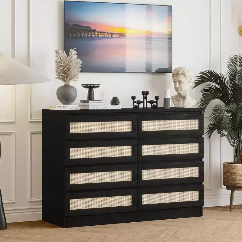 Modernissimo guardaroba in legno a 8 cassetti con inserti in rattan Adatto per cabine armadio, camerette per bambini, salotti e ingressi Comodino in legno di grandi dimensioni