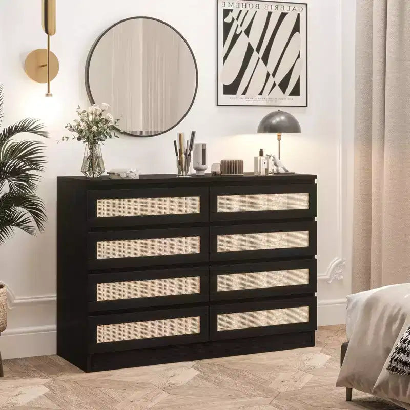 Modernissimo guardaroba in legno a 8 cassetti con inserti in rattan Adatto per cabine armadio, camerette per bambini, salotti e ingressi Comodino in legno di grandi dimensioni