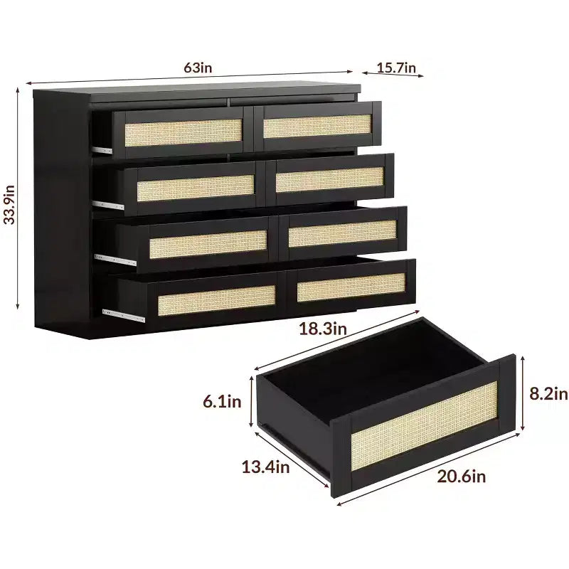 Modernissimo guardaroba in legno a 8 cassetti con inserti in rattan Adatto per cabine armadio, camerette per bambini, salotti e ingressi Comodino in legno di grandi dimensioni