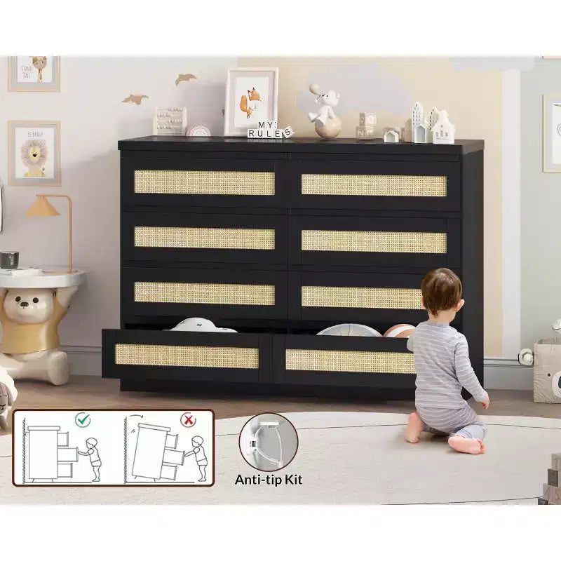 Modernissimo guardaroba in legno a 8 cassetti con inserti in rattan Adatto per cabine armadio, camerette per bambini, salotti e ingressi Comodino in legno di grandi dimensioni