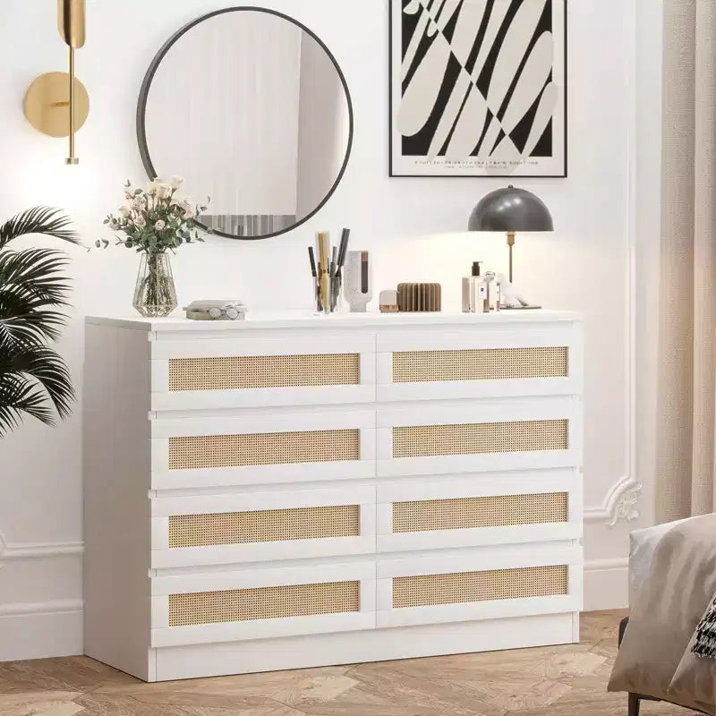 Modernissimo guardaroba in legno a 8 cassetti con inserti in rattan Adatto per cabine armadio, camerette per bambini, salotti e ingressi Comodino in legno di grandi dimensioni