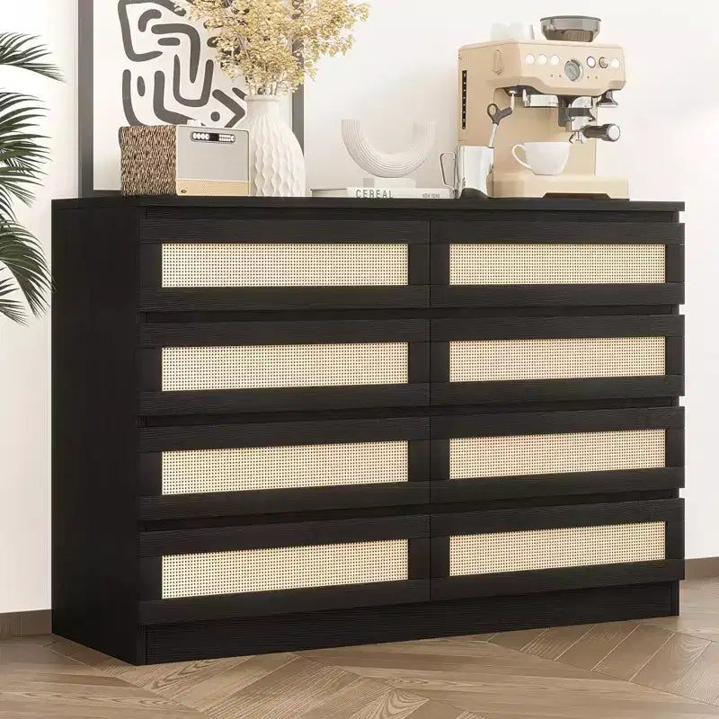Modernissimo guardaroba in legno a 8 cassetti con inserti in rattan Adatto per cabine armadio, camerette per bambini, salotti e ingressi Comodino in legno di grandi dimensioni