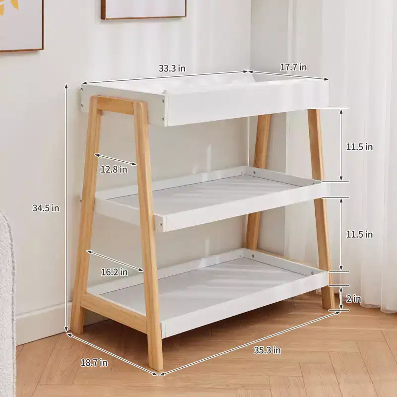Fasciatoio Portatile per Neonati C Bianco e Legno, con Materassino Impermeabile e 2 Ripiani Portaoggetti per Neonati e Lattanti