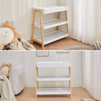 Fasciatoio Portatile per Neonati C Bianco e Legno, con Materassino Impermeabile e 2 Ripiani Portaoggetti per Neonati e Lattanti
