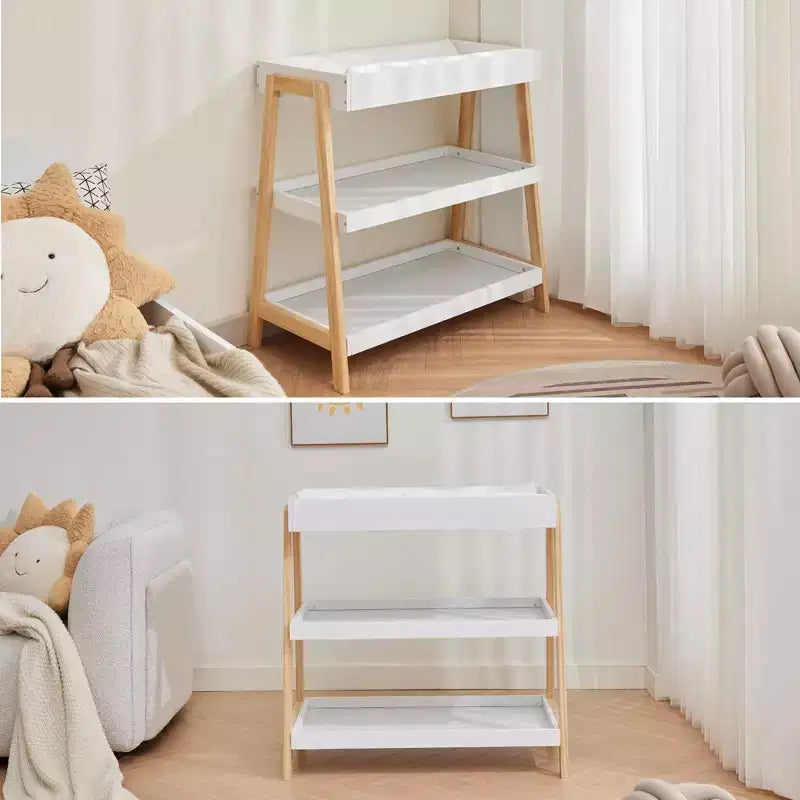 Fasciatoio Portatile per Neonati C Bianco e Legno, con Materassino Impermeabile e 2 Ripiani Portaoggetti per Neonati e Lattanti