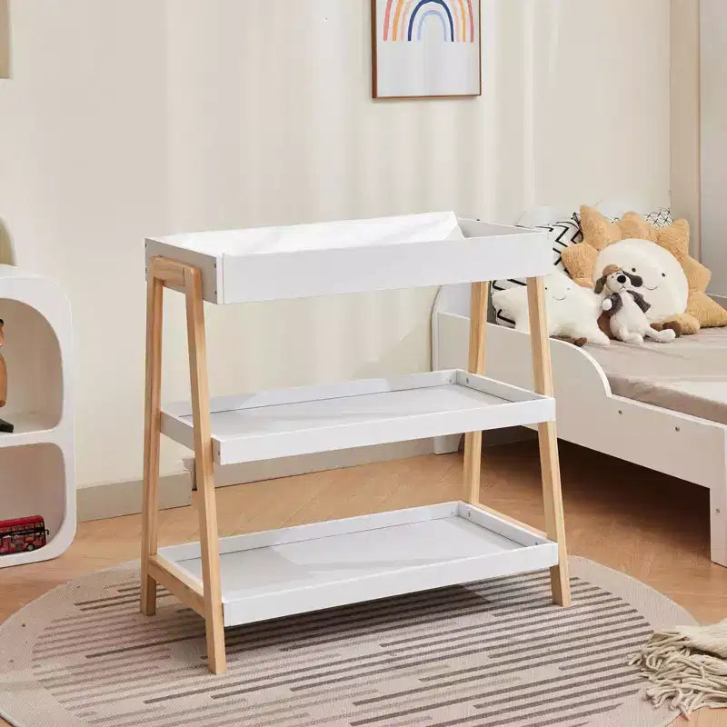 Fasciatoio Portatile per Neonati C Bianco e Legno, con Materassino Impermeabile e 2 Ripiani Portaoggetti per Neonati e Lattanti