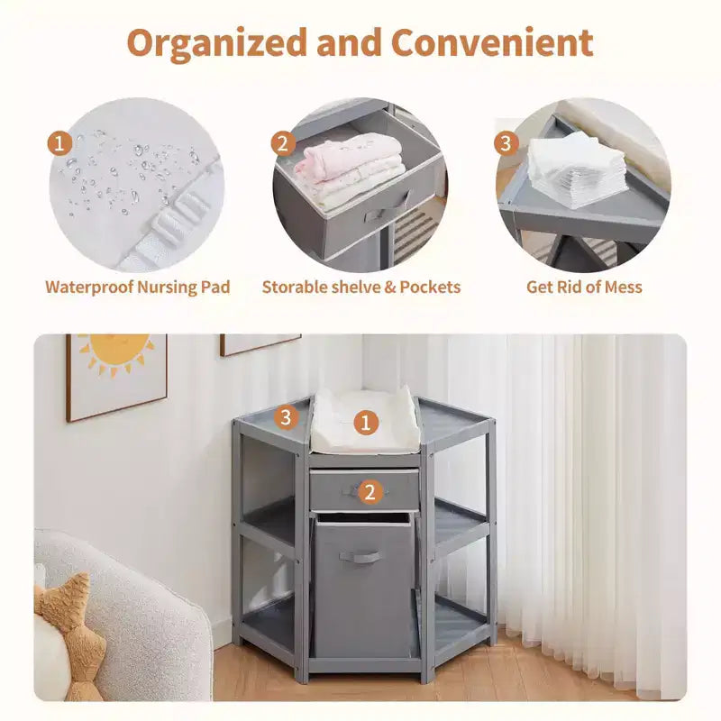 Fasciatoio Baby Corner C Grigio, con Cassetto Contenitore, Fasciatoio e Cesto Portabiancheria per l'Organizzazione della Cameretta