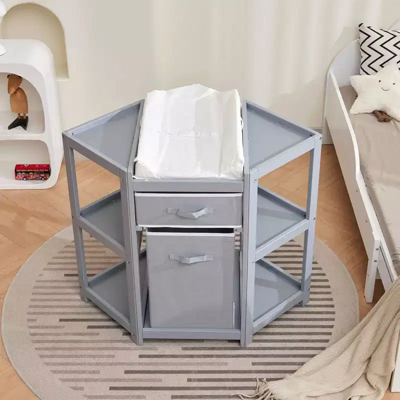 Fasciatoio Baby Corner C Grigio, con Cassetto Contenitore, Fasciatoio e Cesto Portabiancheria per l'Organizzazione della Cameretta