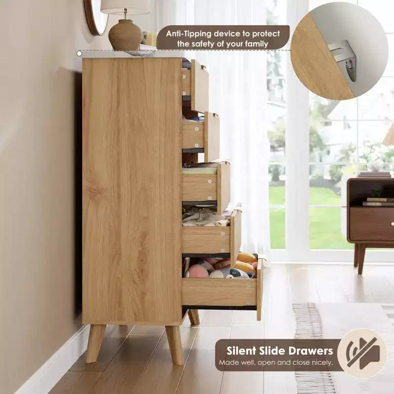 Comò a 5 cassetti per camera da letto, cassettiera alta 120 cm con maniglie dorate, comodino in legno, organizer per vestiti per ingresso e camera da letto