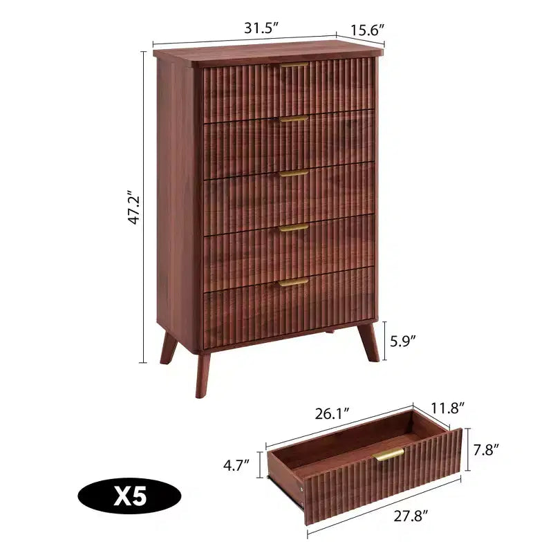 Comò a 5 cassetti per camera da letto, cassettiera alta 120 cm con maniglie dorate, comodino in legno, organizer per vestiti per ingresso e camera da letto