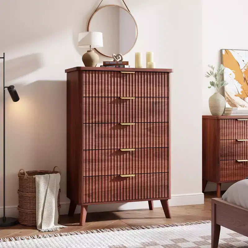 Comò a 5 cassetti per camera da letto, cassettiera alta 120 cm con maniglie dorate, comodino in legno, organizer per vestiti per ingresso e camera da letto